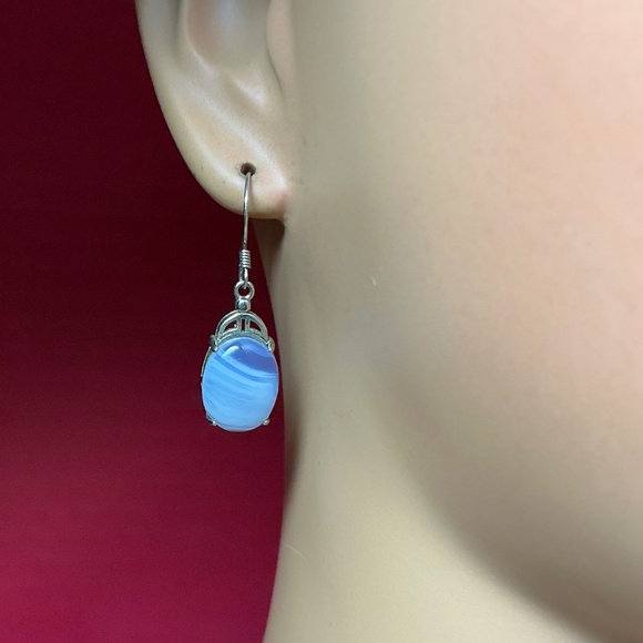 Sterling Silver Blue Lace Agate Dangle Earrings. 1.25 inches long - Picture 1 of 7